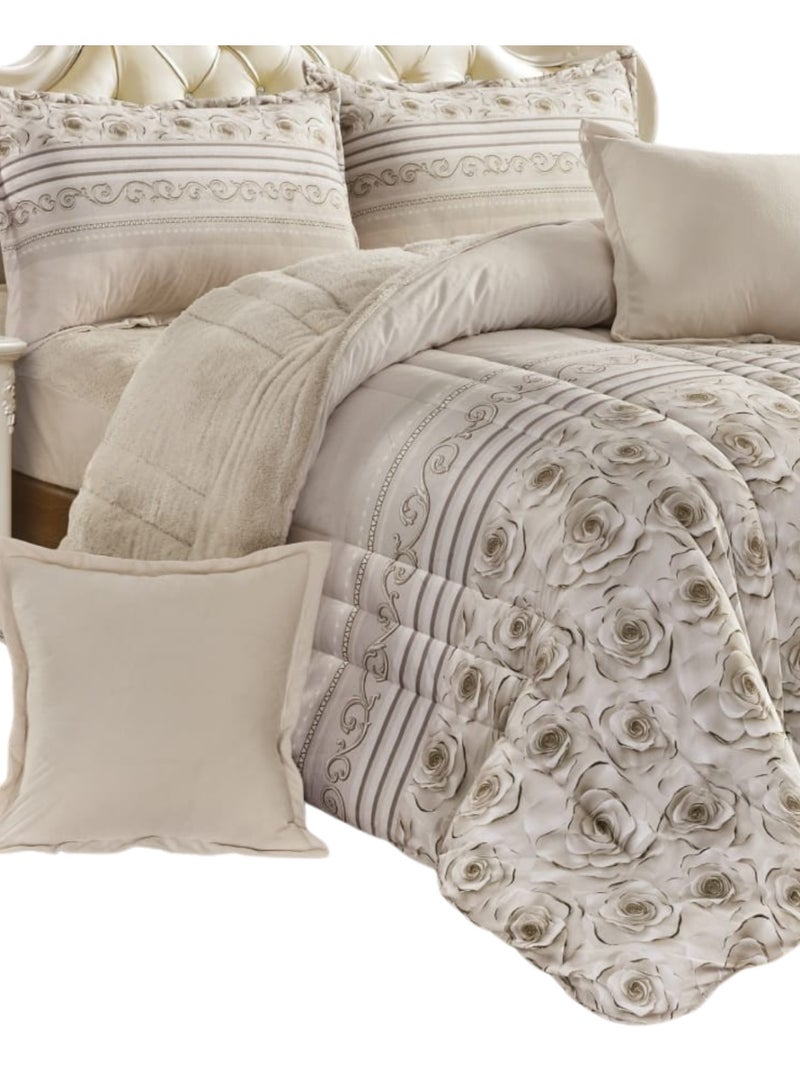 مون مفرش شتوي نفرين نظام وجهين وجه مخمل وجه فرو - طقم مفارش 6 قطع ( 1 مفرش + 1 واقي مرتبة مطاط + 4 أغطية وسائد ديكورية ) - Image 5