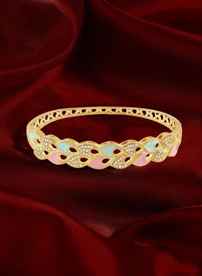 Zaveri Pearls سوار كادا من النحاس الأصفر المرصع بالزركونيا المكعبة اللامعة من زافيري بيرلز، باللونين الوردي والأخضر النعناعي، للنساء - ZPFK22094 - Image 2