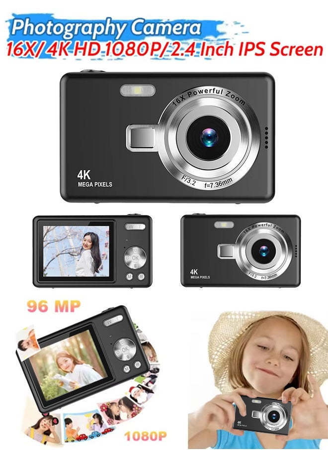 4K Digital Camera for Photography and Video Recording Cameras,with 64G Card, 96MP 2.4'' Autofocus Vlogging Compact Camera For Beginner Kids Gifts