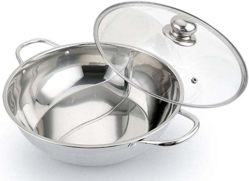 Jolfay CookerStainless Steel Mandarin Duck Hot Pot 2 Grid 2 Taste Stainless Steel Hot Pot with Divider Chinese Induction Pot Dual Sided Soup Cookware with Glass Lid for Induction Cooktop Gas Stove - Image 1