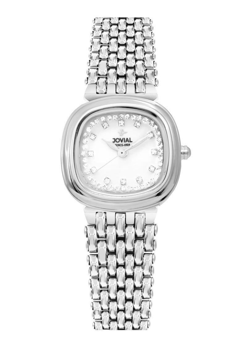 جوفيال ساعة جوفيال 5025LSMQ01N، ساعة نسائية أنيقة، مصنوعة من الفولاذ المقاوم للصدأ، قطرها 24 مم، مينا أبيض، مشبك بزر ضغط - Image 1