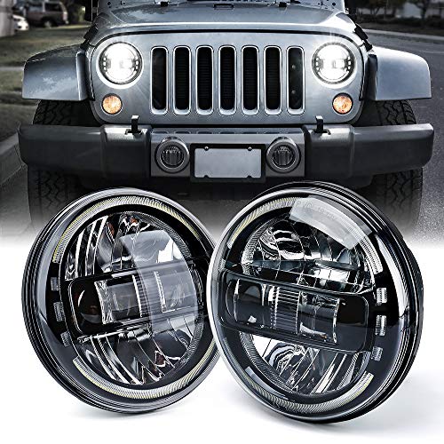 مصابيح أمامية دائرية LED 7 من Xprite متوافقة مع جيب رانجلر JK JKU LJ CJ TJ هامر H1 H2 مع حلقة هالة معتمدة من DOT عالية ومنخفضة شعاع مغلقة بلاك