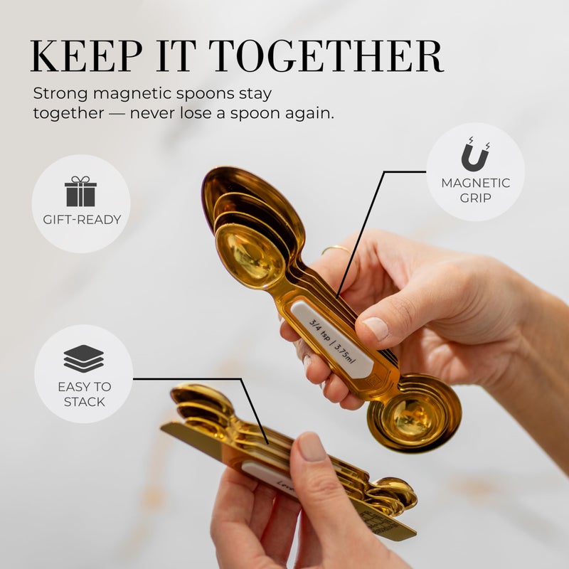 styled settings White and Gold Measuring Spoons with Leveler - Featuring 8PC Upgraded Style, Dual-Sided, Stackable, Stainless Magnetic Measuring Spoons Set - Fits in Spice Jars, White and Gold Kitchen Accessories - Image 3