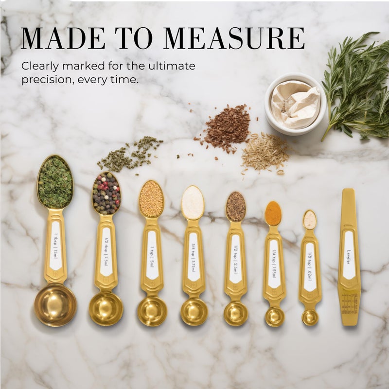 styled settings White and Gold Measuring Spoons with Leveler - Featuring 8PC Upgraded Style, Dual-Sided, Stackable, Stainless Magnetic Measuring Spoons Set - Fits in Spice Jars, White and Gold Kitchen Accessories - Image 2