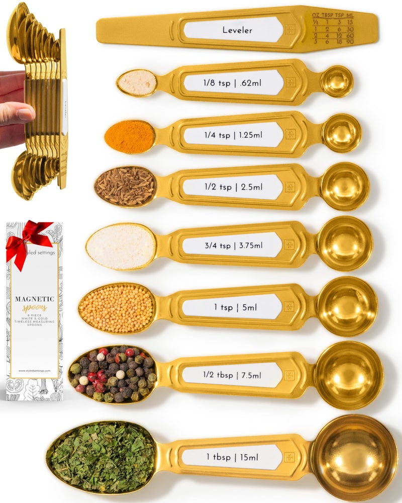 styled settings White and Gold Measuring Spoons with Leveler - Featuring 8PC Upgraded Style, Dual-Sided, Stackable, Stainless Magnetic Measuring Spoons Set - Fits in Spice Jars, White and Gold Kitchen Accessories - Image 1