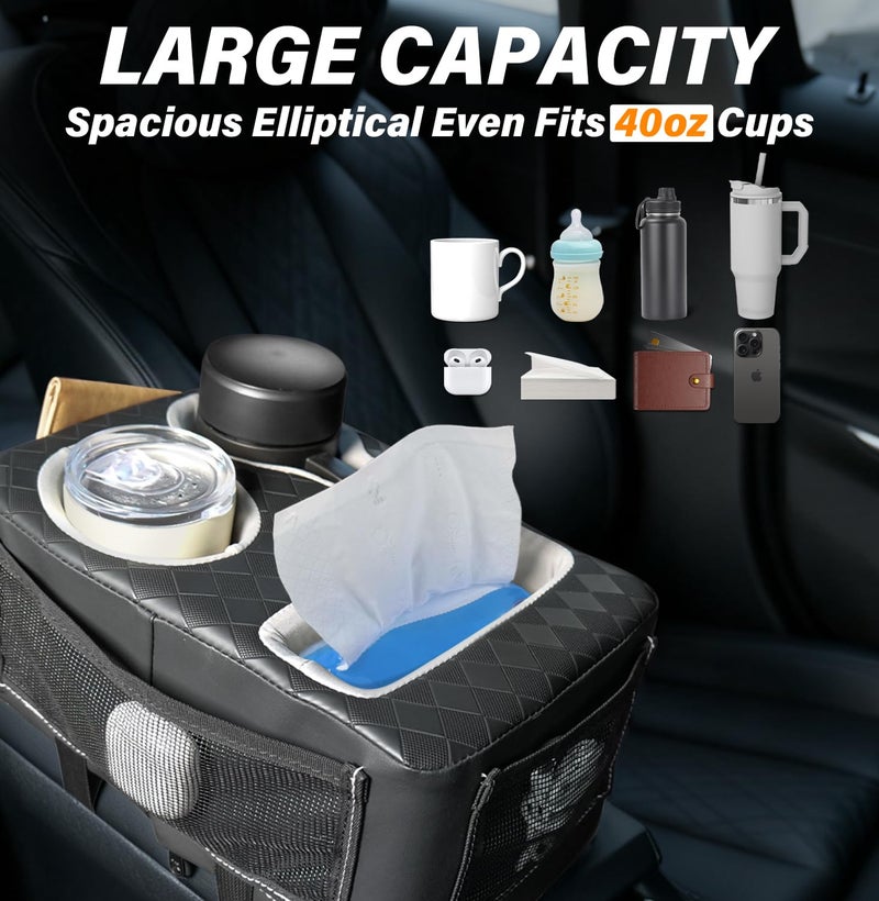 HmmtyRack Center Console Cup Holder, Universal Car Armrest Storage Box with Bottle Holder & Tissue Slot & Side Pockets, Car Back Seat Truck Boat Couch Organizer PU Leather - Image 3