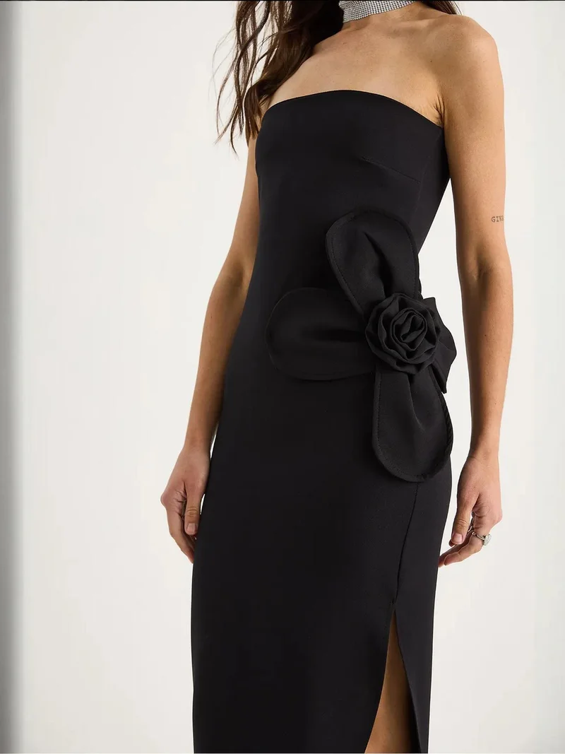Bianco Lucci Black LUCCI Strapless Floral Maxi Dress with Bow Detail for Women | Best Price UAE