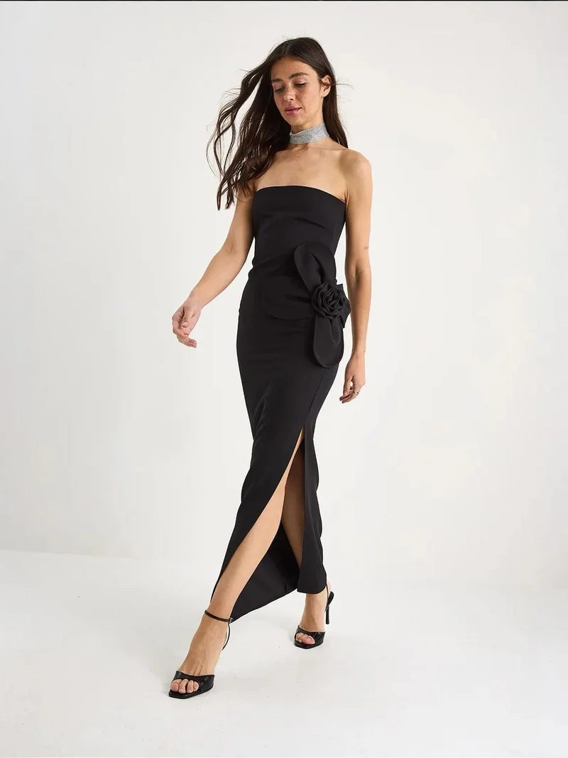 Bianco Lucci LUCCI Strapless Floral Maxi Dress with Bow Detail