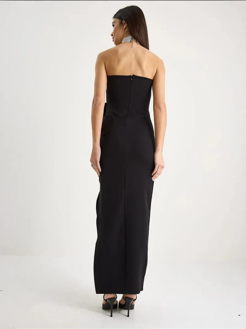 Bianco Lucci Black LUCCI Strapless Floral Maxi Dress with Bow Detail for Women | Best Price UAE