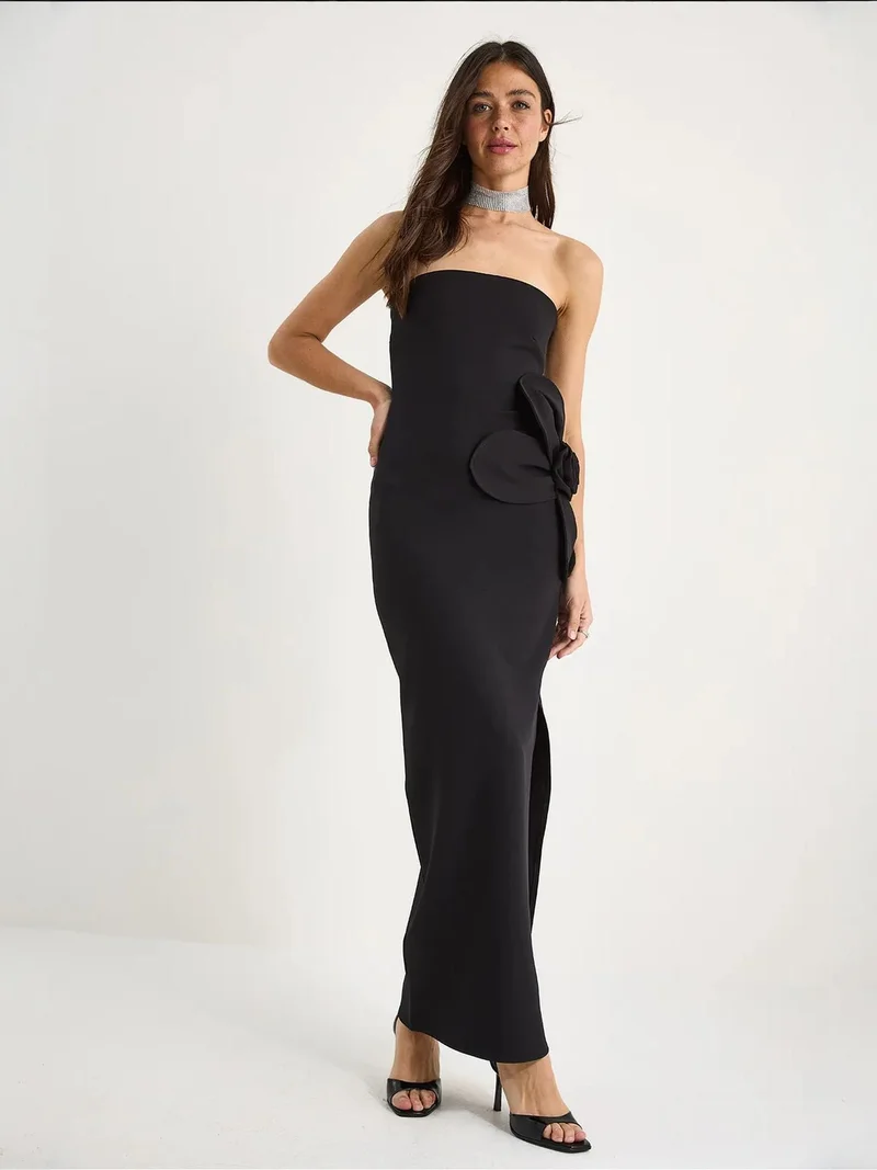 Bianco Lucci Black LUCCI Strapless Floral Maxi Dress with Bow Detail for Women | Best Price UAE
