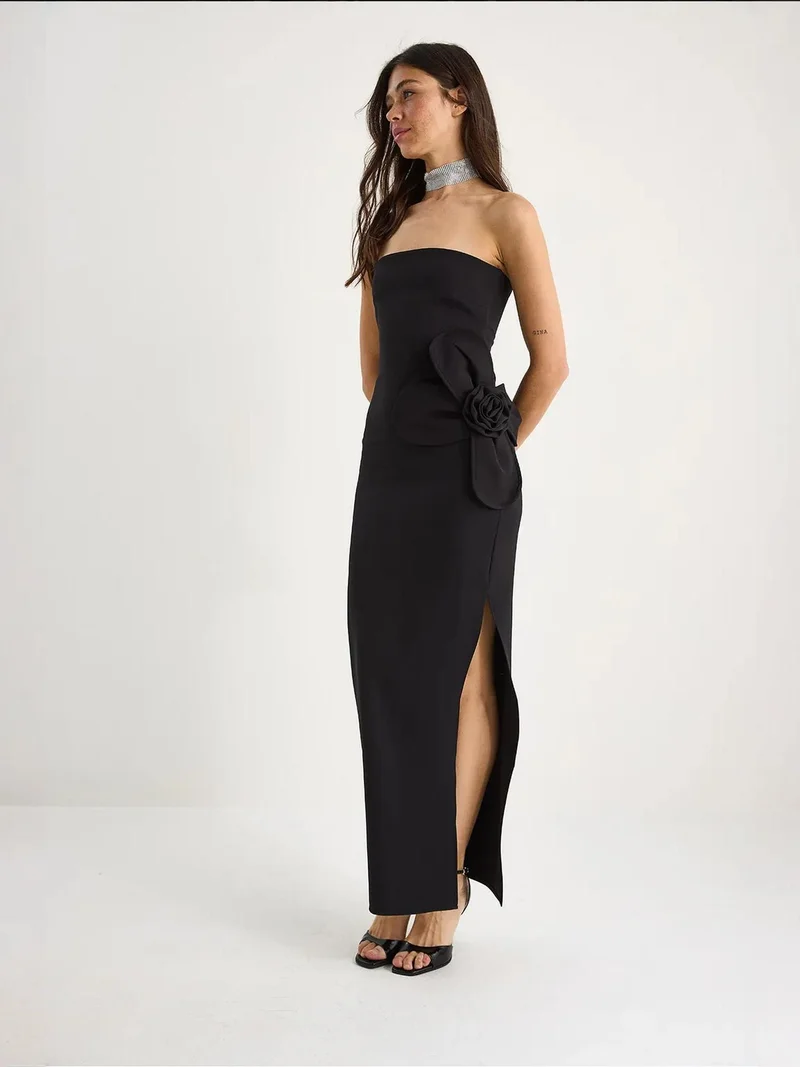 Bianco Lucci Black LUCCI Strapless Floral Maxi Dress with Bow Detail for Women | Best Price UAE