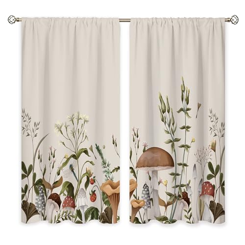 oolygoo Vintage Mushroom Window Curtains Leaves Botanical Rod Pocket Rustic Boho Mushroom Beige Curtain Drapes Herb Curtains for Bedroom Living Room Treatment 2 Panels 42Wx45H Inch - Image 5