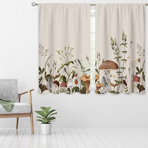 oolygoo Vintage Mushroom Window Curtains Leaves Botanical Rod Pocket Rustic Boho Mushroom Beige Curtain Drapes Herb Curtains for Bedroom Living Room Treatment 2 Panels 42Wx45H Inch - Image 3