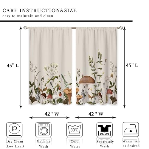 oolygoo Vintage Mushroom Window Curtains Leaves Botanical Rod Pocket Rustic Boho Mushroom Beige Curtain Drapes Herb Curtains for Bedroom Living Room Treatment 2 Panels 42Wx45H Inch - Image 2