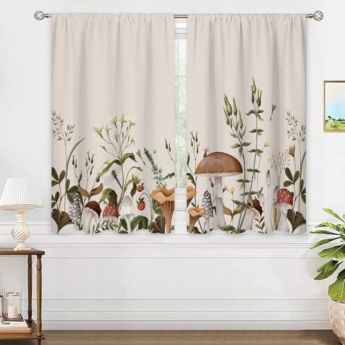 oolygoo Vintage Mushroom Window Curtains Leaves Botanical Rod Pocket Rustic Boho Mushroom Beige Curtain Drapes Herb Curtains for Bedroom Living Room Treatment 2 Panels 42Wx45H Inch - Image 1