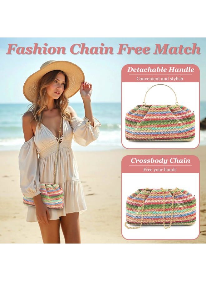 ERKOON Straw Clutch Purse Women, 2025 Summer Beach Crossbody Shoulder Handbag Cloud Dumpling Pouch Boho Woven Envelope Bag, Iridescent - Image 4