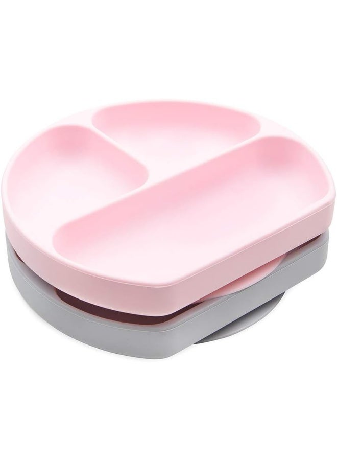 BUMKiNs طبق بومكنز السيليكوني مع مقبض، طبق شفط، طبق مقسم، طبق للأطفال، خالي من BPA، آمن للاستخدام في الميكروويف وغسالة الصحون، رمادي ووردي، 2 قطعة - Image 2