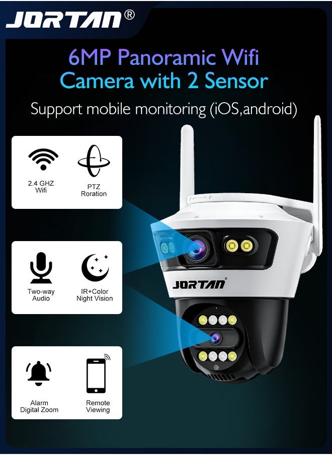 JORTAN - 6MP 2-in-1 Dual Camera Smart Wifi Security Camera 12V/2A HD Outdoor PTZ Cam Horizontal and Up Down Rotation with Person/Vehicle Detection & Color Night Vision & Spotlight Siren & Two Way Audio - Image 1
