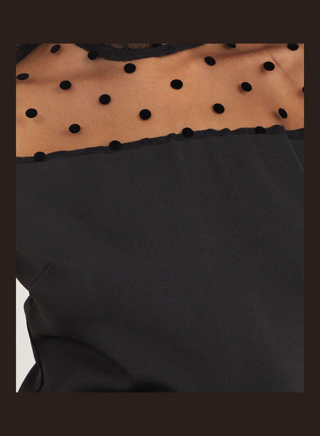 Styli Polka Dot Flocked Mesh Insert Straight Leg Jumpsuit