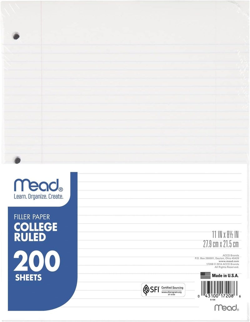 Mead College Ruled Loose Leaf Filler Paper, 200 Sheets, 8.5 x 11 Inches - Image 1