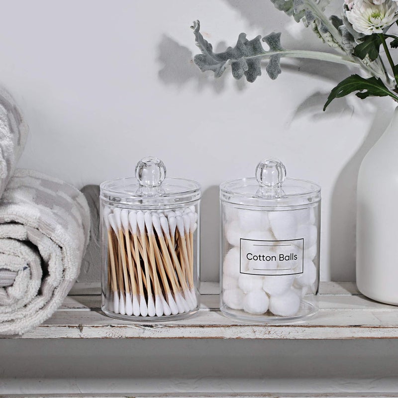 Aozita 2 PACK Acrylic Qtip Holder Dispenser for Cotton Swabs, Balls, Pads, Floss Picks- Small Clear Plastic Canister Apothecary Jar Set, Bathroom Essentials Accessories Decor, Vanity Makeup Storage Organizer  - Image 5