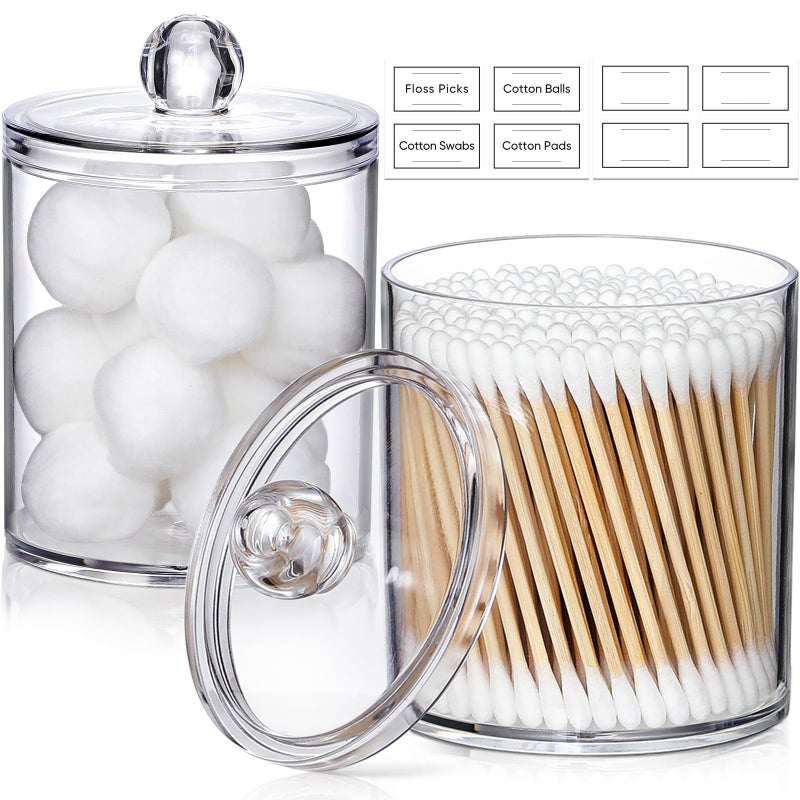 Aozita 2 PACK Acrylic Qtip Holder Dispenser for Cotton Swabs, Balls, Pads, Floss Picks- Small Clear Plastic Canister Apothecary Jar Set, Bathroom Essentials Accessories Decor, Vanity Makeup Storage Organizer  - Image 1