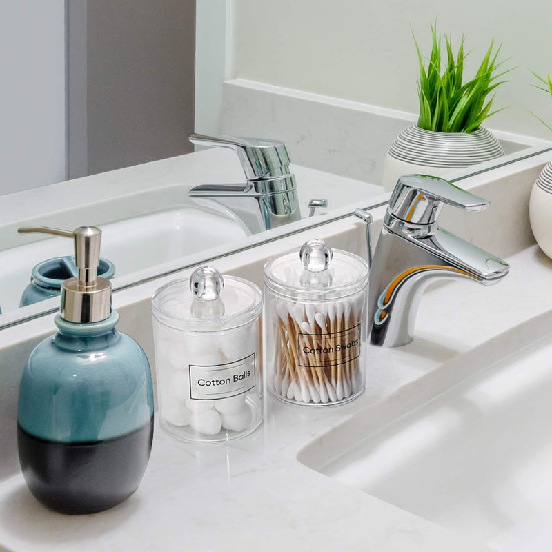 Aozita 2 PACK Acrylic Qtip Holder Dispenser for Cotton Swabs, Balls, Pads, Floss Picks- Small Clear Plastic Canister Apothecary Jar Set, Bathroom Essentials Accessories Decor, Vanity Makeup Storage Organizer  - Image 4