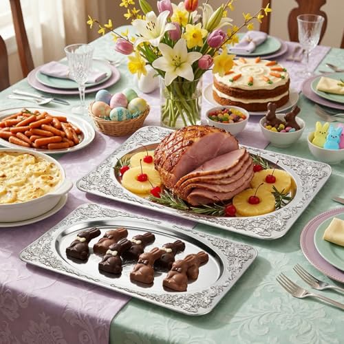 ZENOVLUX 4-Pack Small Silver Serving Trays Set - ZENOVLUX Oval Vintage Engraved Mirror Decorative Tray, 11.4" x 7" Party Platters for Easter, Food, Appetizer, Charcuterie, Cookies, Desserts - Image 5