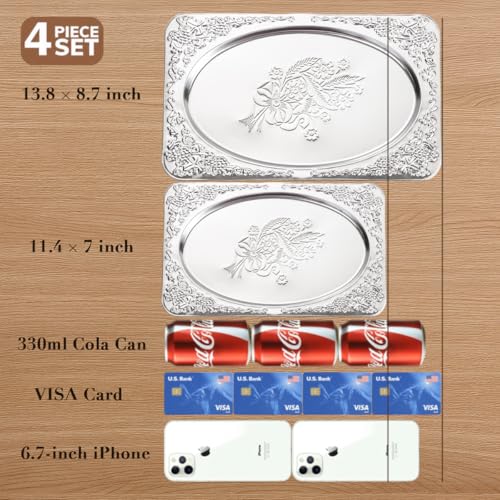 ZENOVLUX 4-Pack Small Silver Serving Trays Set - ZENOVLUX Oval Vintage Engraved Mirror Decorative Tray, 11.4" x 7" Party Platters for Easter, Food, Appetizer, Charcuterie, Cookies, Desserts - Image 3