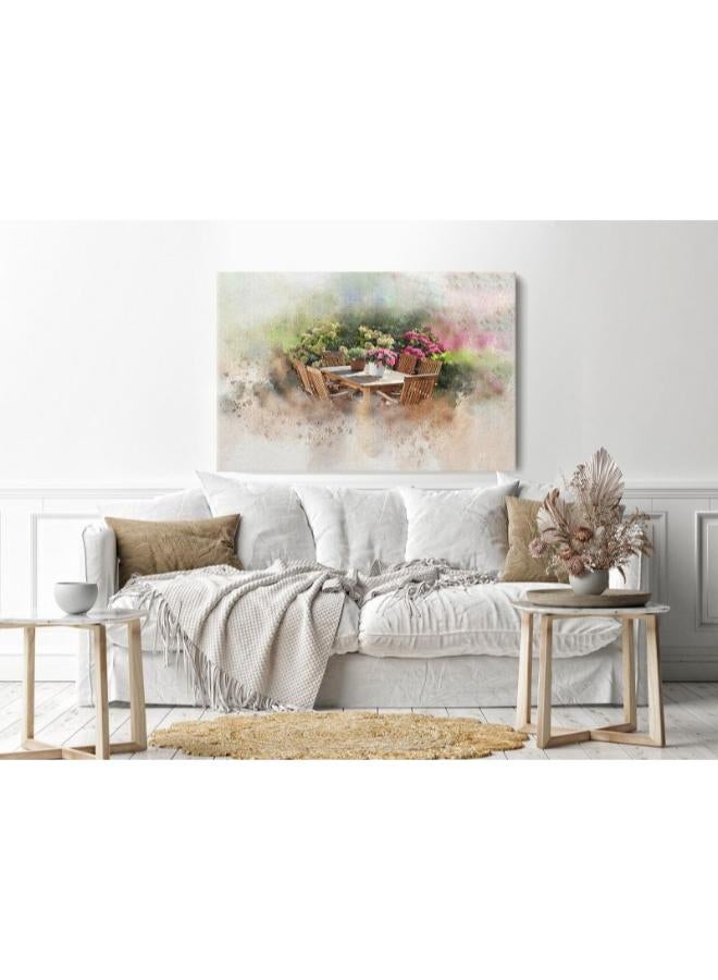 Home Gallery Canvas Wall Art, Abstract Framed Portrait of garden table set flower pots and flower bushes. - Image 3