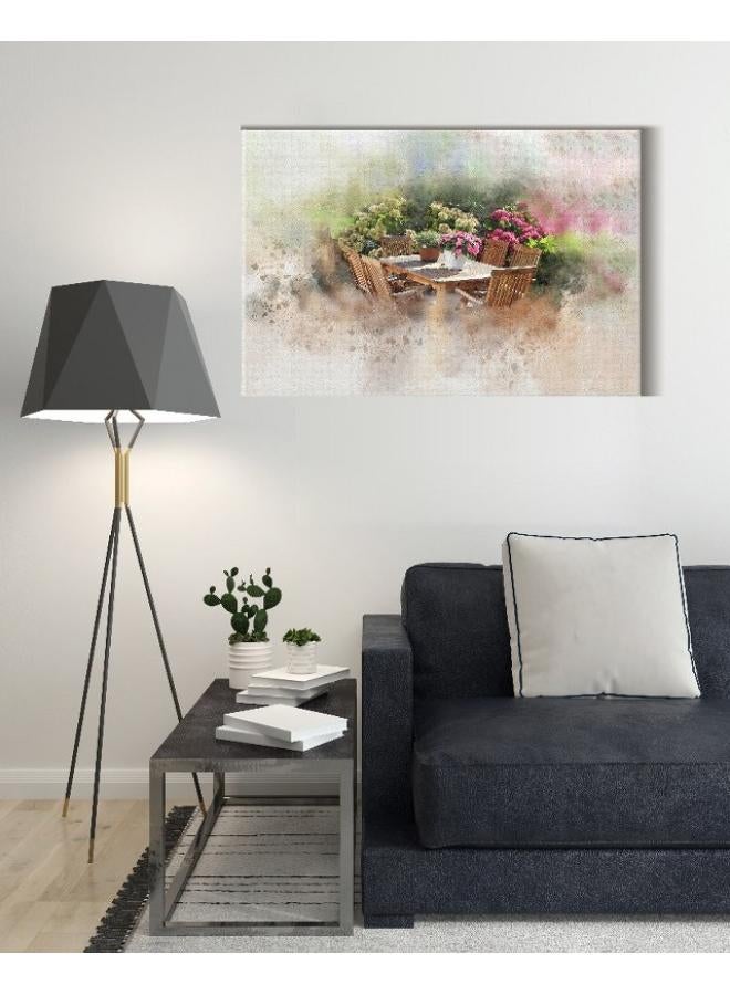 Home Gallery Canvas Wall Art, Abstract Framed Portrait of garden table set flower pots and flower bushes. - Image 5