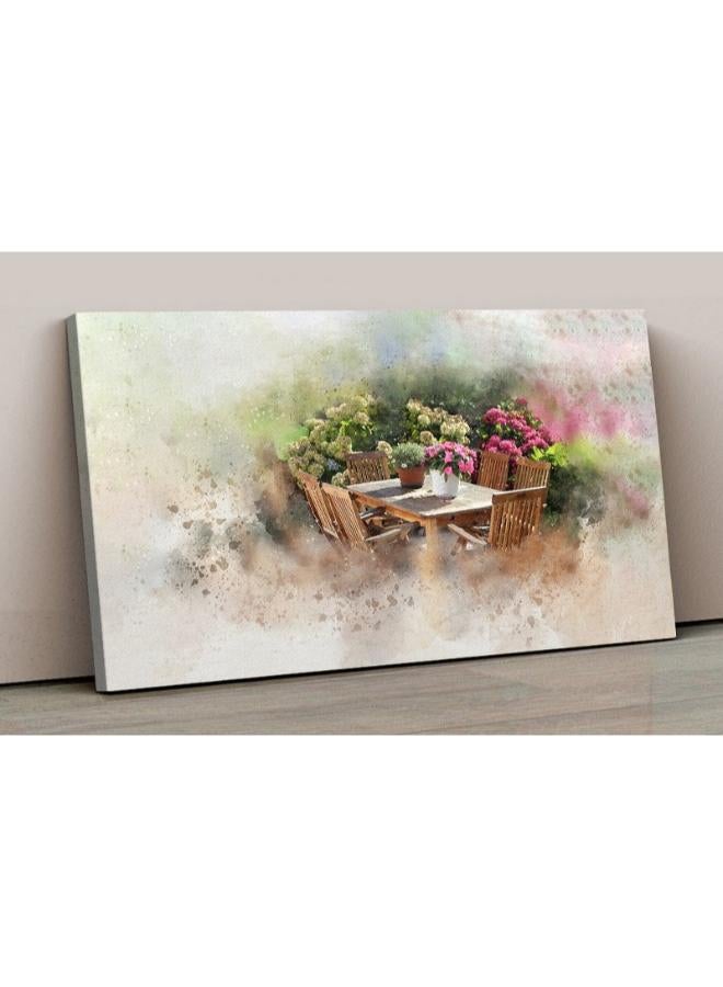 Home Gallery Canvas Wall Art, Abstract Framed Portrait of garden table set flower pots and flower bushes. - Image 2
