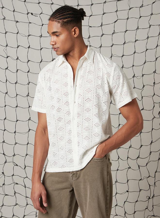 Hubberholme Men Relaxed Spread Collar Textured Cotton Shiffli Casual Shirt - Image 5