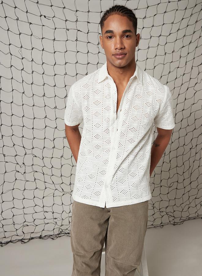 Hubberholme Men Relaxed Spread Collar Textured Cotton Shiffli Casual Shirt - Image 1
