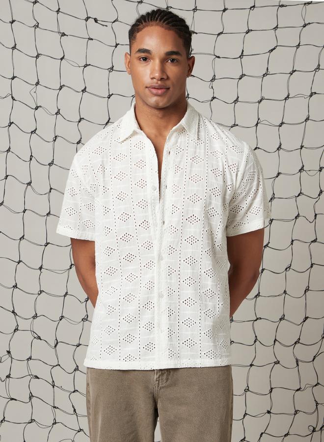 Hubberholme Men Relaxed Spread Collar Textured Cotton Shiffli Casual Shirt - Image 3