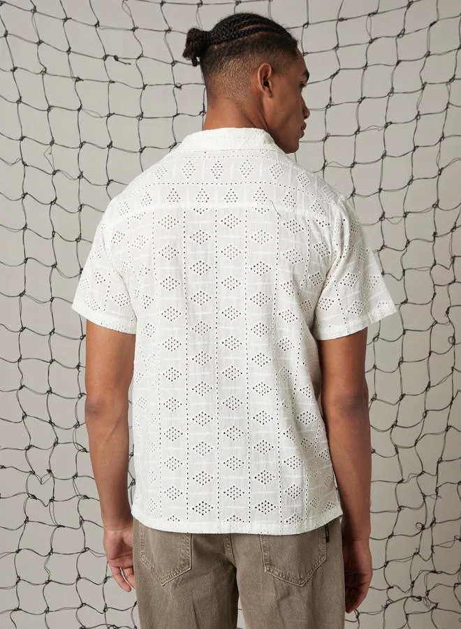 Hubberholme Men Relaxed Spread Collar Textured Cotton Shiffli Casual Shirt