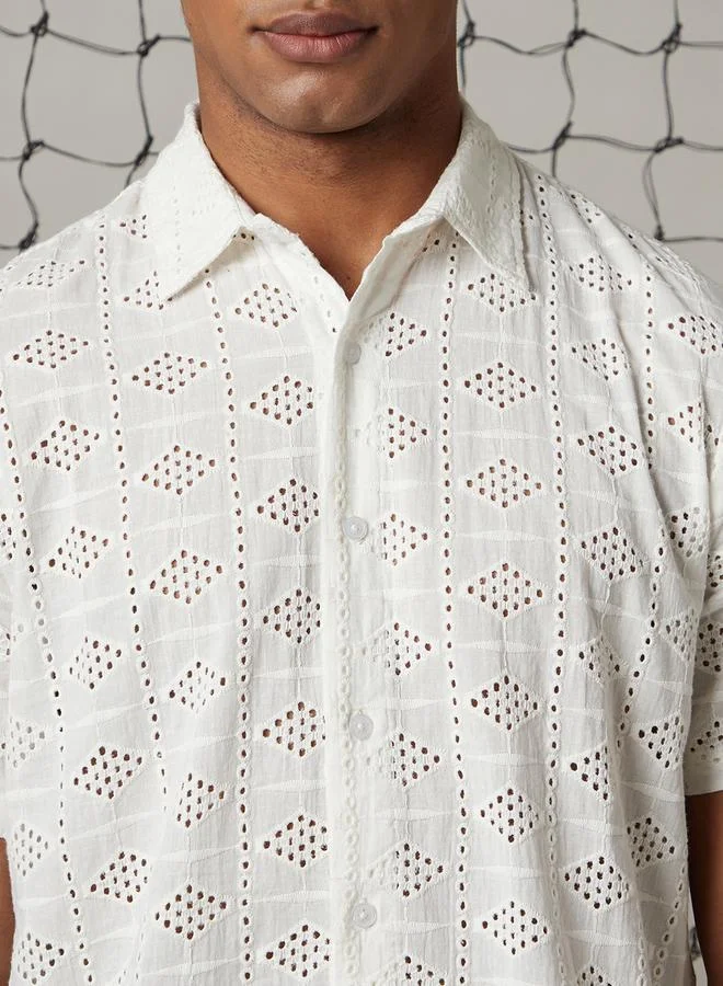 Hubberholme Men Relaxed Spread Collar Textured Cotton Shiffli Casual Shirt