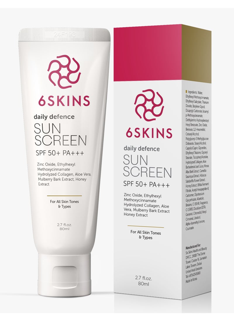 Daily Defence SUN SCREEN SPF 50+ PA+++ for Broad Spectrum UVA/UVB | Titanium Dioxide & Zinc Oxide Sun cream | Collagen-Boosting Face Moisturizer with No-White Cast, Lightweight Non Greasy 80ml - pzsku/Z5101519D131FF2058986Z/45/1741684804/1a596ebf-f666-4e89-a6ba-ac10834f7220