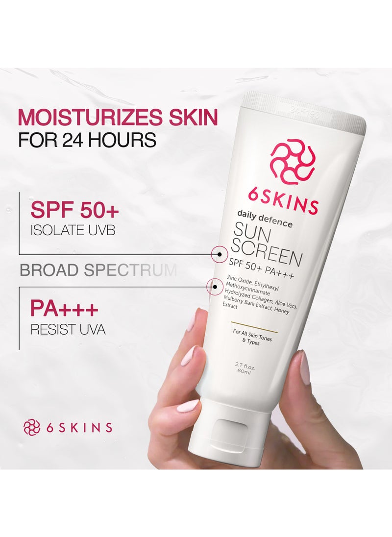 Daily Defence SUN SCREEN SPF 50+ PA+++ for Broad Spectrum UVA/UVB | Titanium Dioxide & Zinc Oxide Sun cream | Collagen-Boosting Face Moisturizer with No-White Cast, Lightweight Non Greasy 80ml - pzsku/Z5101519D131FF2058986Z/45/1741685014/9394f55d-d19c-4758-965d-4aef227304dd