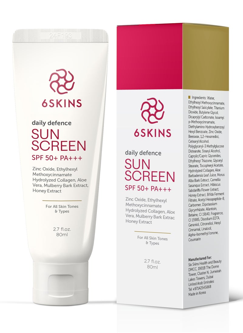 6SKINS - Daily Defence SUN SCREEN SPF 50+ PA+++ for Broad Spectrum UVA/UVB | Titanium Dioxide & Zinc Oxide Sun cream | Collagen-Boosting Face Moisturizer with No-White Cast, Lightweight Non Greasy 80ml - Image 1