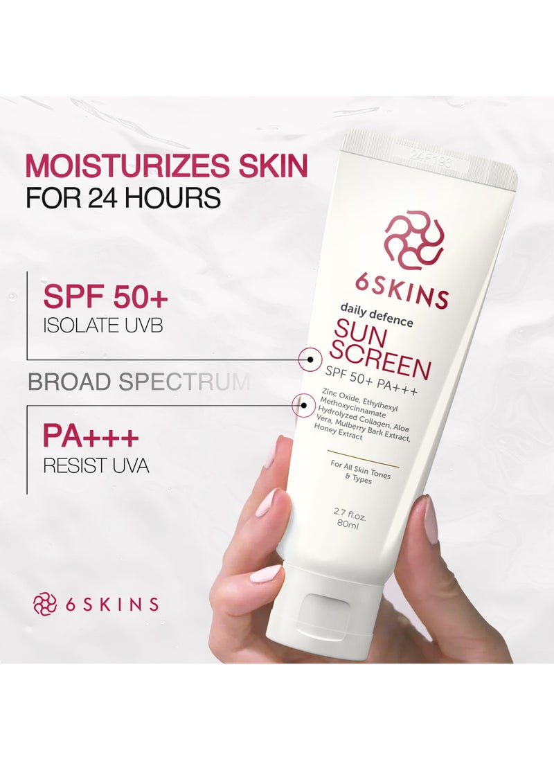 6SKINS - Daily Defence SUN SCREEN SPF 50+ PA+++ for Broad Spectrum UVA/UVB | Titanium Dioxide & Zinc Oxide Sun cream | Collagen-Boosting Face Moisturizer with No-White Cast, Lightweight Non Greasy 80ml - Image 1