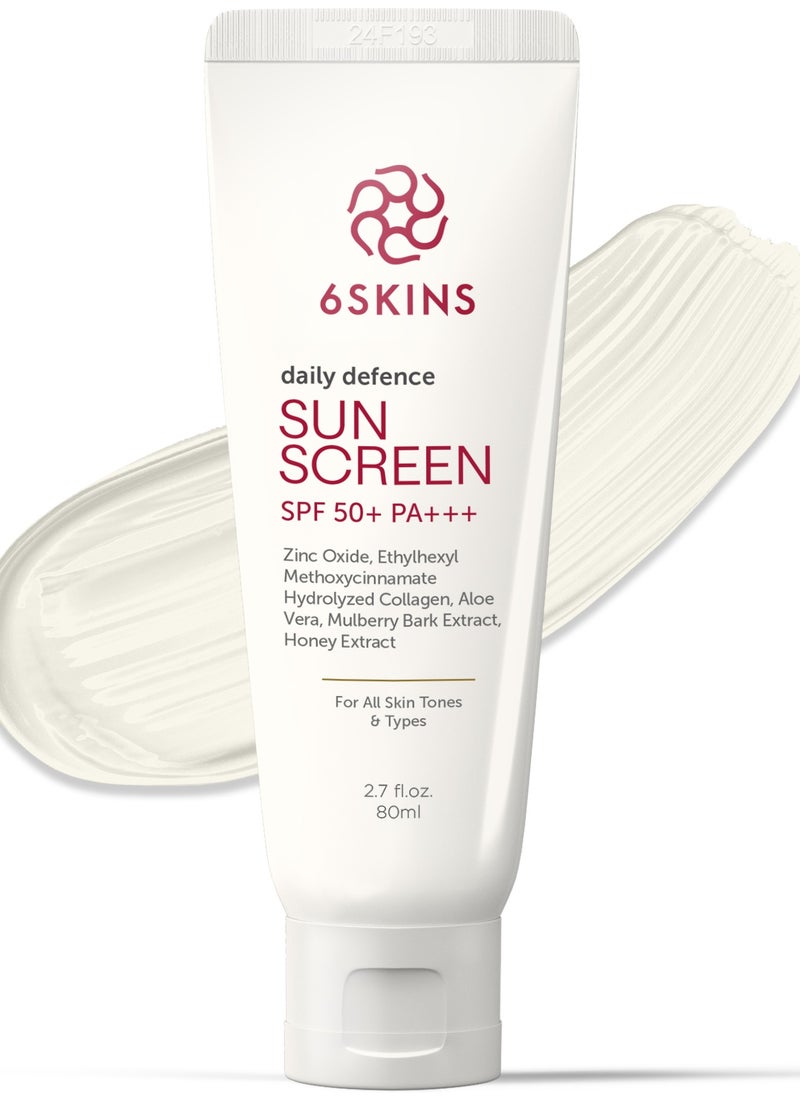 6SKINS - Daily Defence SUN SCREEN SPF 50+ PA+++ for Broad Spectrum UVA/UVB | Titanium Dioxide & Zinc Oxide Sun cream | Collagen-Boosting Face Moisturizer with No-White Cast, Lightweight Non Greasy 80ml - Image 1