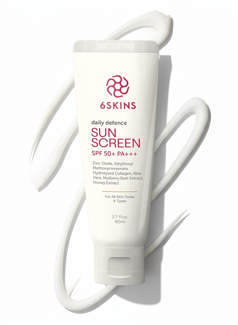 6SKINS Daily Defence SUN SCREEN SPF 50+ PA+++ for Broad Spectrum UVA/UVB | Titanium Dioxide & Zinc Oxide Sun cream | Collagen-Boosting Face Moisturizer with No-White Cast, Lightweight Non Greasy 80ml - Image 1