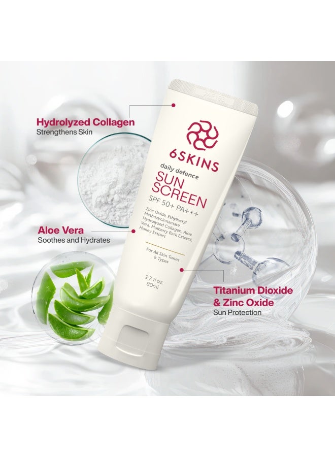 6SKINS Daily Defence SUN SCREEN SPF 50+ PA+++ for Broad Spectrum UVA/UVB | Titanium Dioxide & Zinc Oxide Sun cream | Collagen-Boosting Face Moisturizer with No-White Cast, Lightweight Non Greasy 80ml - Image 4