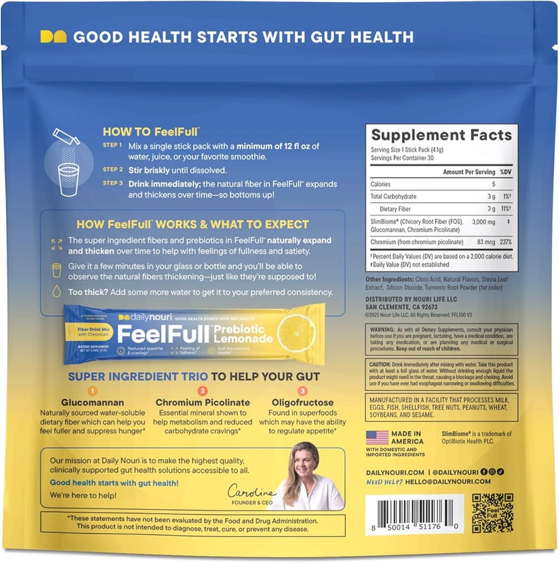 NOURI Daily Nouri FeelFull Prebiotic Fiber Drink Mix with Glucomannan  Chromium  for Natural Feeling of Fullness Appetite  Cravings Support Gut Microbiome  Metabolic Health  30 Stick Packs - Image 2