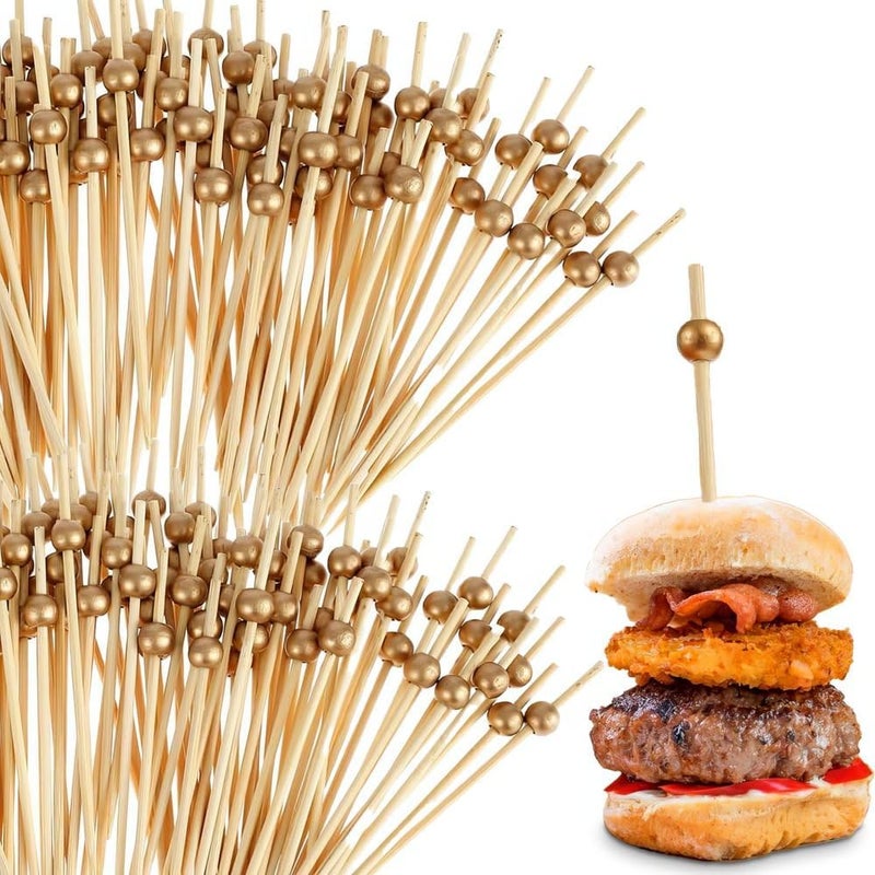 Blue Sky Eco-friendly Gold Wooden Ball Food Picks (Pack of 100) - Sustainable Skewers And Bamboo Picks for Charcuterie, Appetizers, & Cocktail Picks For Parties, Casual Dining & More, 3.5" - Image 1