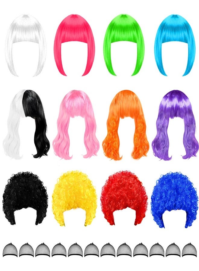 MIUSKATL 12 Multi Pack Fun Wigs, Assorted Bob Wig, Wavy Colored Colorful Hair Wigs, Funny Neon Clown Fluffy Bulk Wigs for Women Costume Cosplay Party (Multicolor) - Image 1