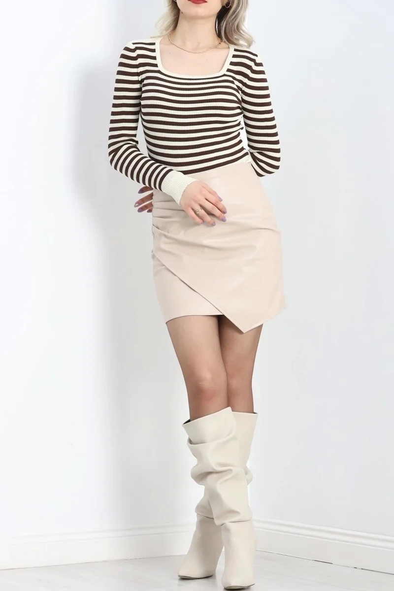 Kazax Kazakax Square Collar Striped Knitwear Body Latte Coffee - 1118.1247.