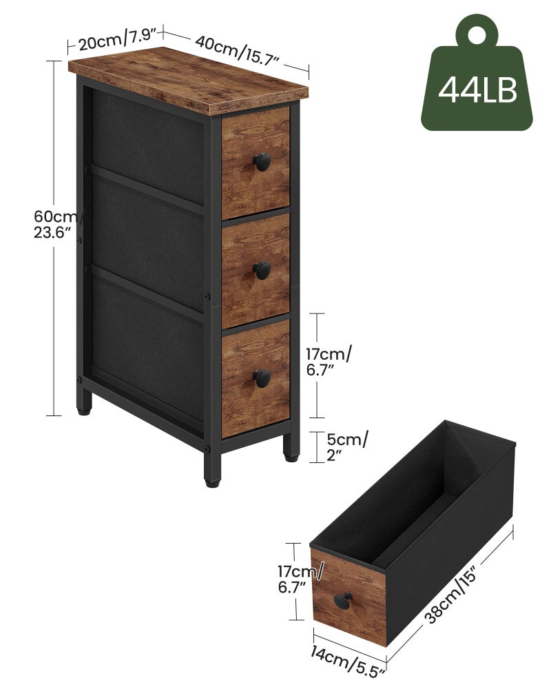 CHOEZON Narrow Side Table with 3 Fabric Drawers, Industrial Slim Bedside Table for Small Spaces, Bedroom, Living Room, Dormitory, Rustic Brown and Black TBZ09BF - Image 3