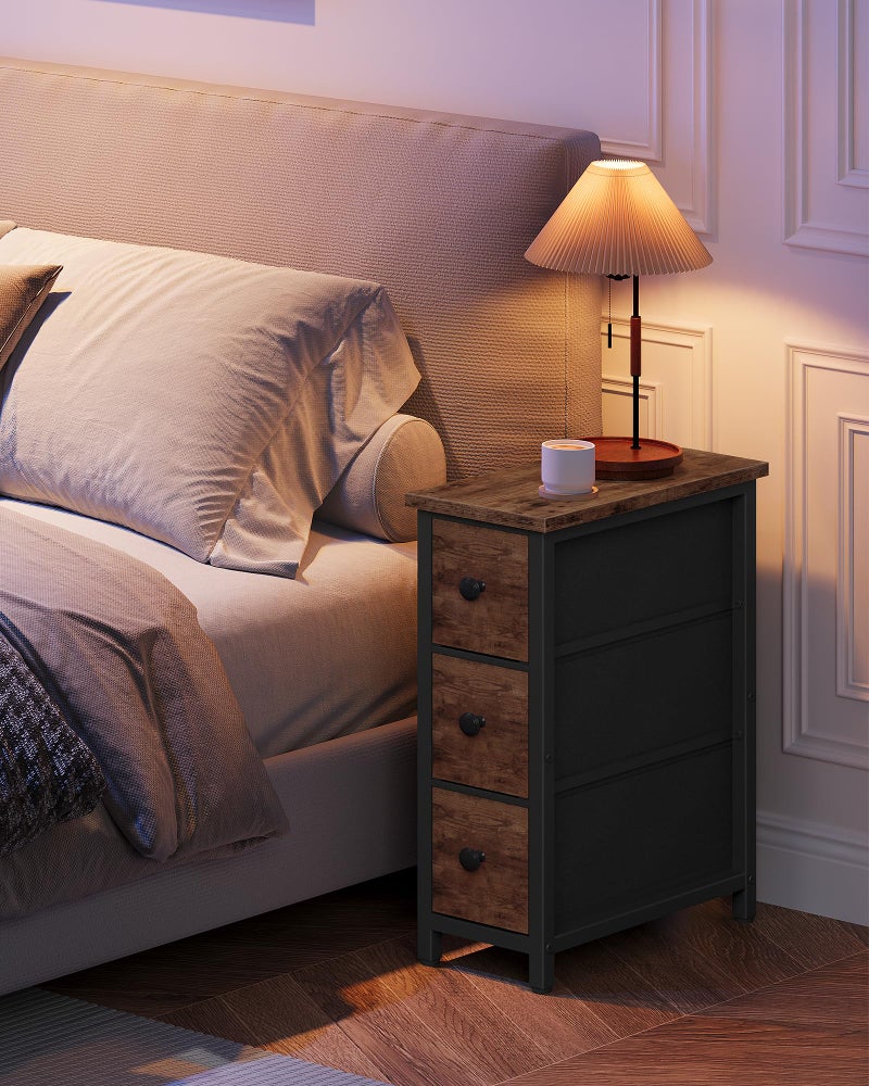 CHOEZON Narrow Side Table with 3 Fabric Drawers, Industrial Slim Bedside Table for Small Spaces, Bedroom, Living Room, Dormitory, Rustic Brown and Black TBZ09BF - Image 2